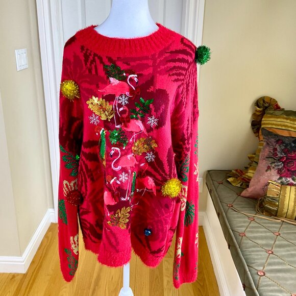 33 Degrees Sweaters - X Ugly Christmas Sweater Red Flamingos Parrots Bells (XL)